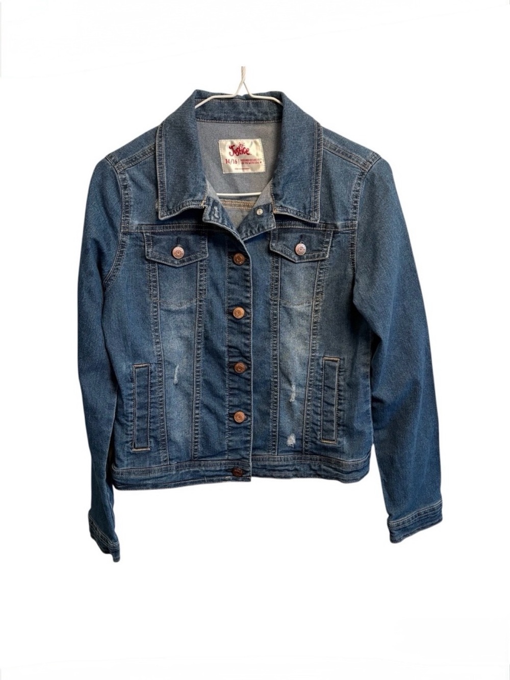 Justice girls 14/16 medium wash denim jacket pockets slight distress
